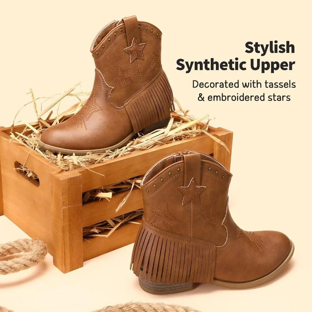 ⚡Girls Camel Cowgirl Ankle Western Boots Side Zipper Riding Shoes With Tassel